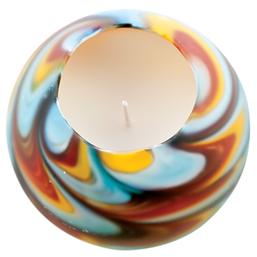Small Round Candleholder (Yellow with Turquoise & Red) Frosted Malta,Glass Lifestyle Range Malta, Glass Lifestyle Range, Mdina Glass
