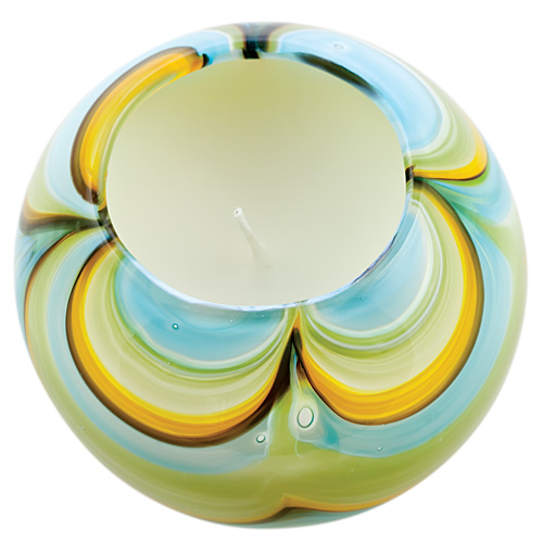 Small Round Candleholder (Turquoise with Yellow & Green) Malta,Glass Lifestyle Range Malta, Glass Lifestyle Range, Mdina Glass