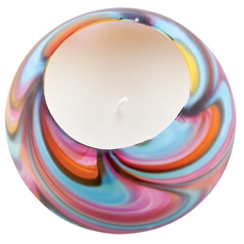 Small Round Candleholder (Turquoise with Italian Pink & Yellow) Frosted Malta,Glass Lifestyle Range Malta, Glass Lifestyle Range, Mdina Glass