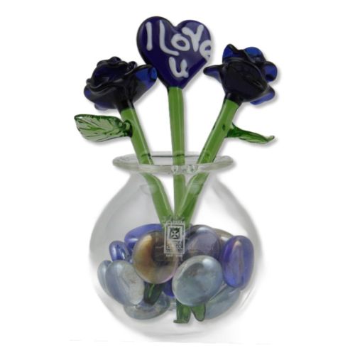 Rnd Vase With 2 Roses & A Heart Malta,Glass Flowers Malta, Glass Flowers, Mdina Glass